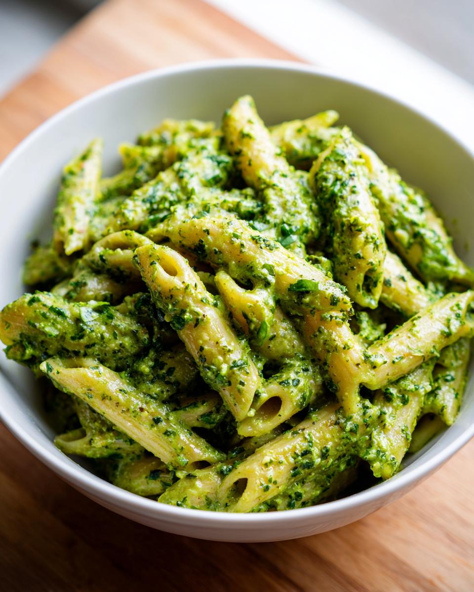 A close-up shot of penne pasta coated generously in vibrant, creamy pesto pasta sauce in a white bowl.