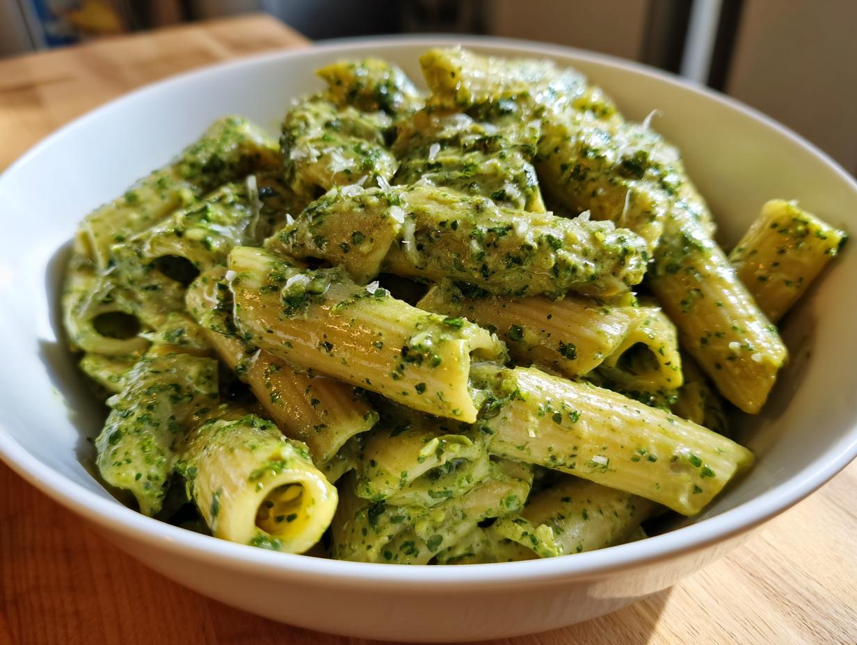 A close-up of penne pasta coated generously in a rich, green creamy pesto pasta sauce, topped with grated cheese.