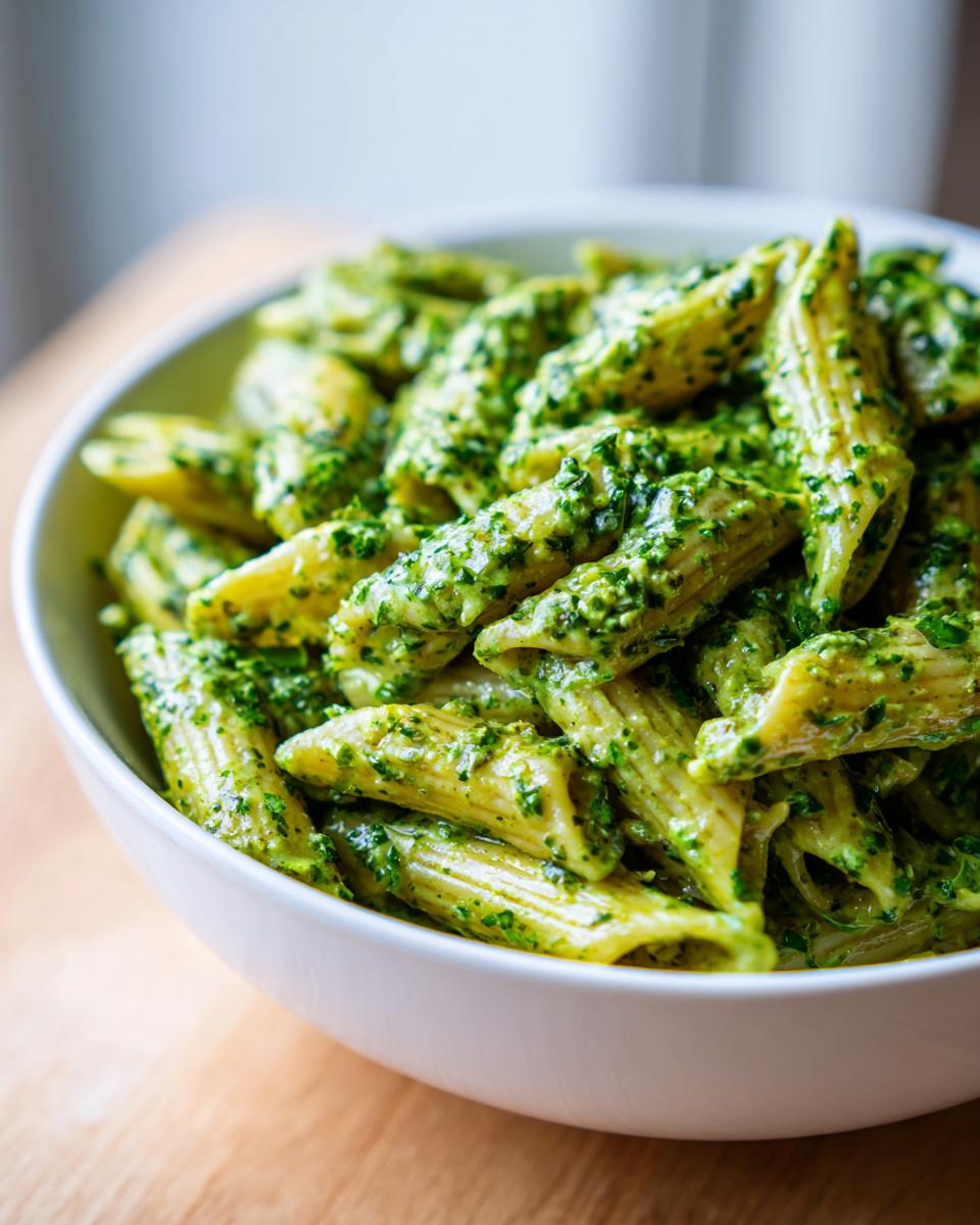 A close-up shot of penne pasta generously coated in vibrant green creamy pesto pasta sauce in a white bowl.