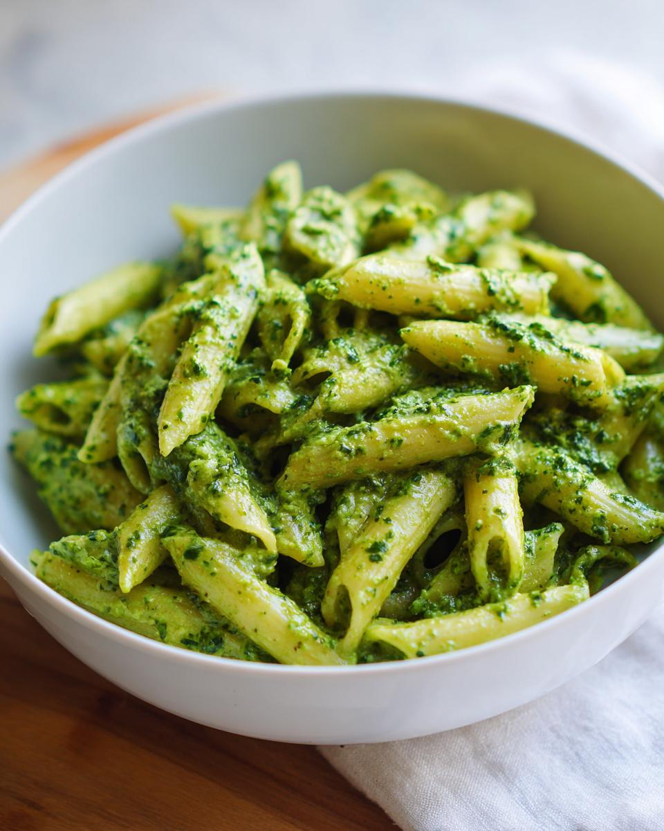 A close-up of penne pasta generously coated in vibrant green creamy pesto pasta sauce in a white bowl.