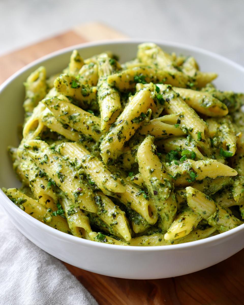 Close-up of penne pasta coated generously in rich, creamy pesto pasta sauce, served in a white bowl.