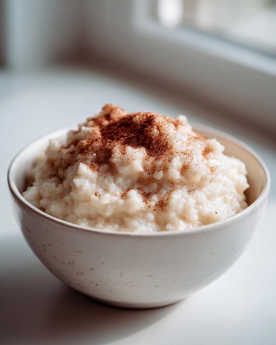A bowl of creamy rice pudding topped generously with ground cinnamon, ready to eat.