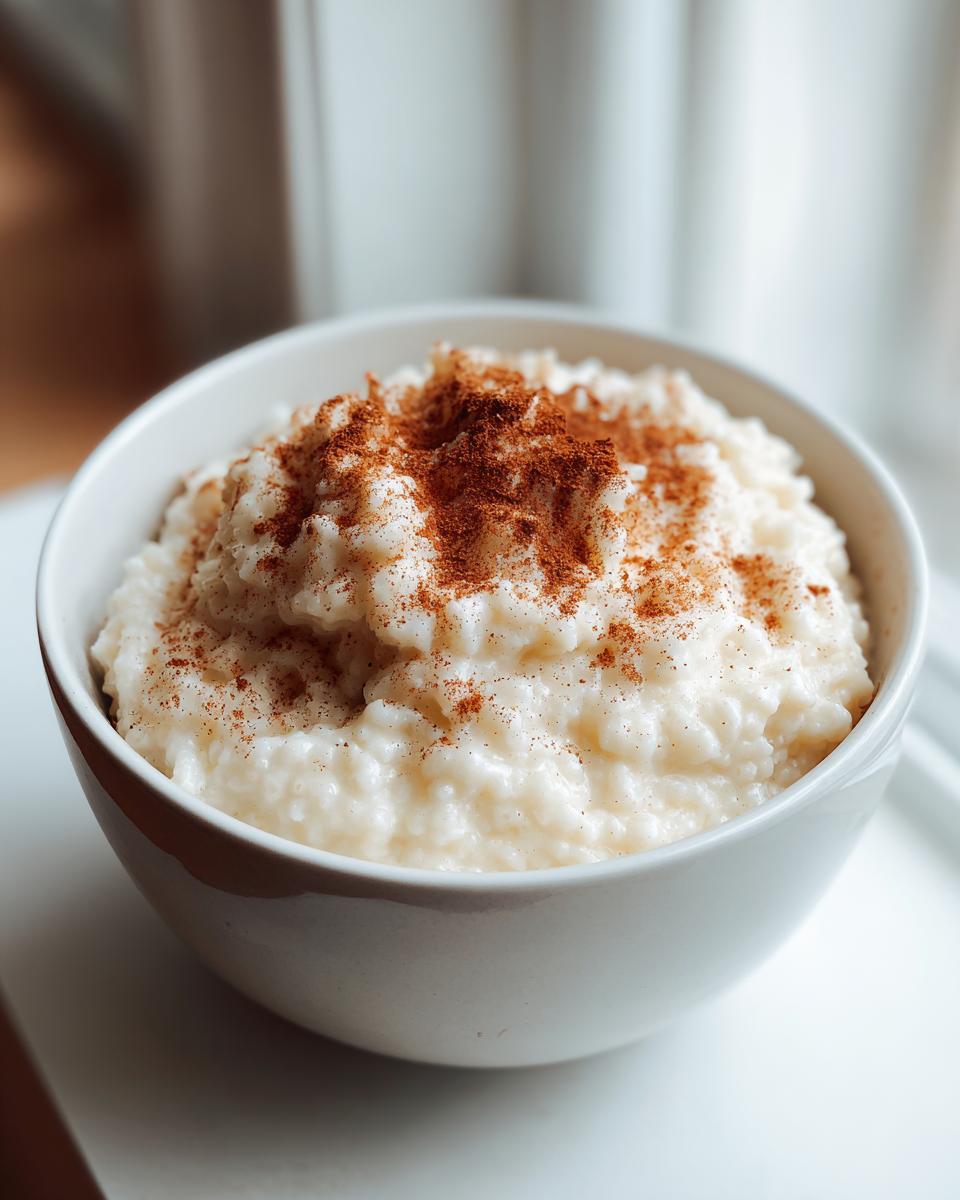 Close-up of a white bowl filled with creamy rice pudding topped generously with ground cinnamon.