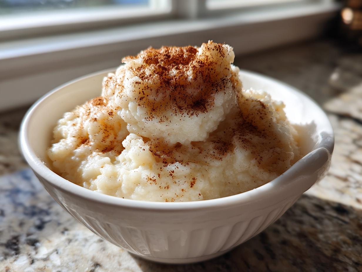A close-up of creamy rice pudding topped generously with ground cinnamon in a white bowl.