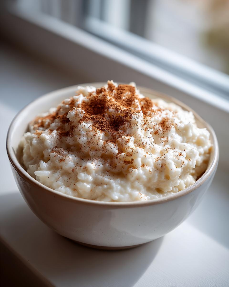 A close-up of creamy rice pudding topped generously with ground cinnamon in a light bowl.