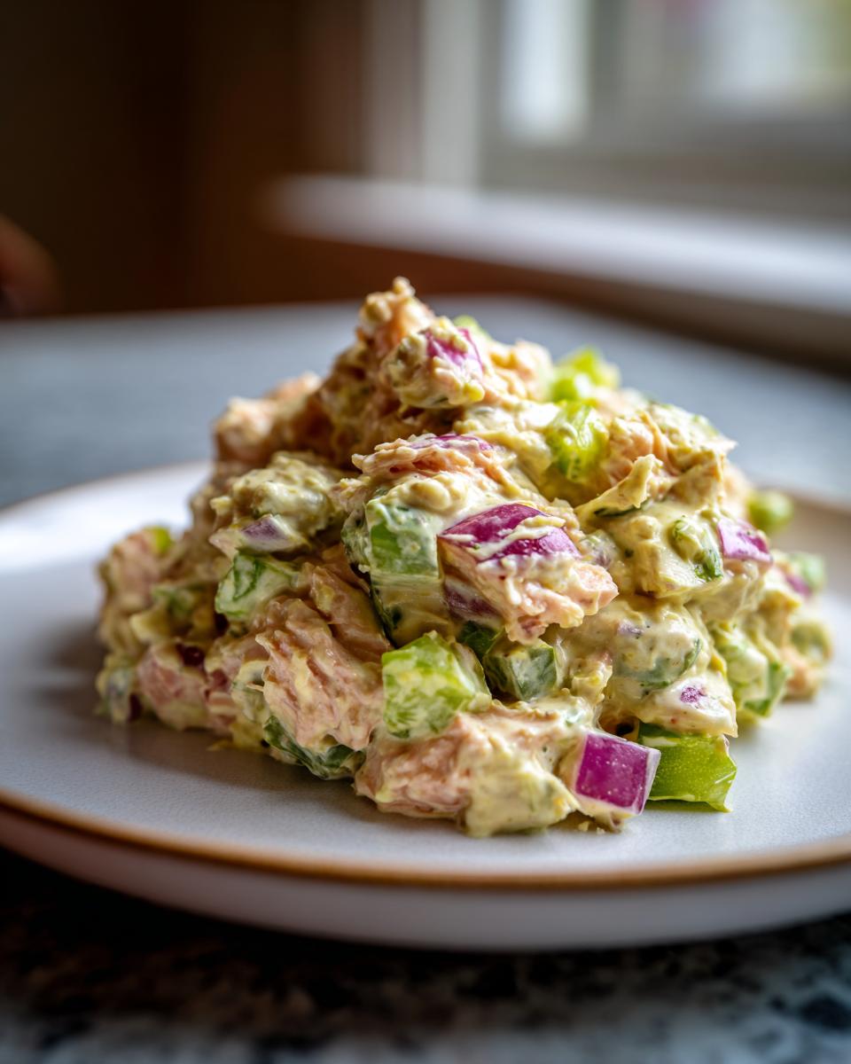 A mound of creamy salmon salad mixed with diced celery and bright purple red onion served on a light plate.