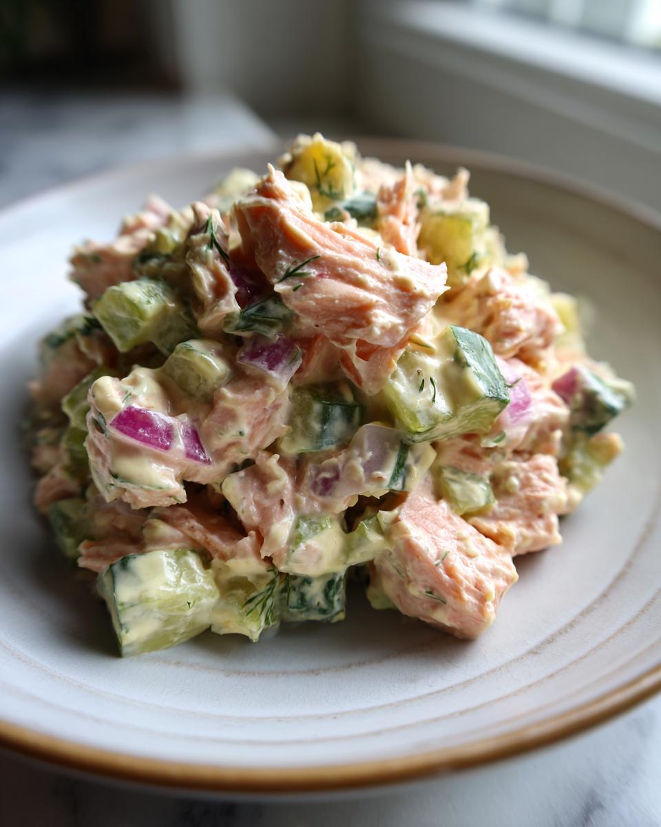 A close-up mound of creamy salmon salad featuring flaked salmon, diced cucumber, red onion, and dill on a light plate.