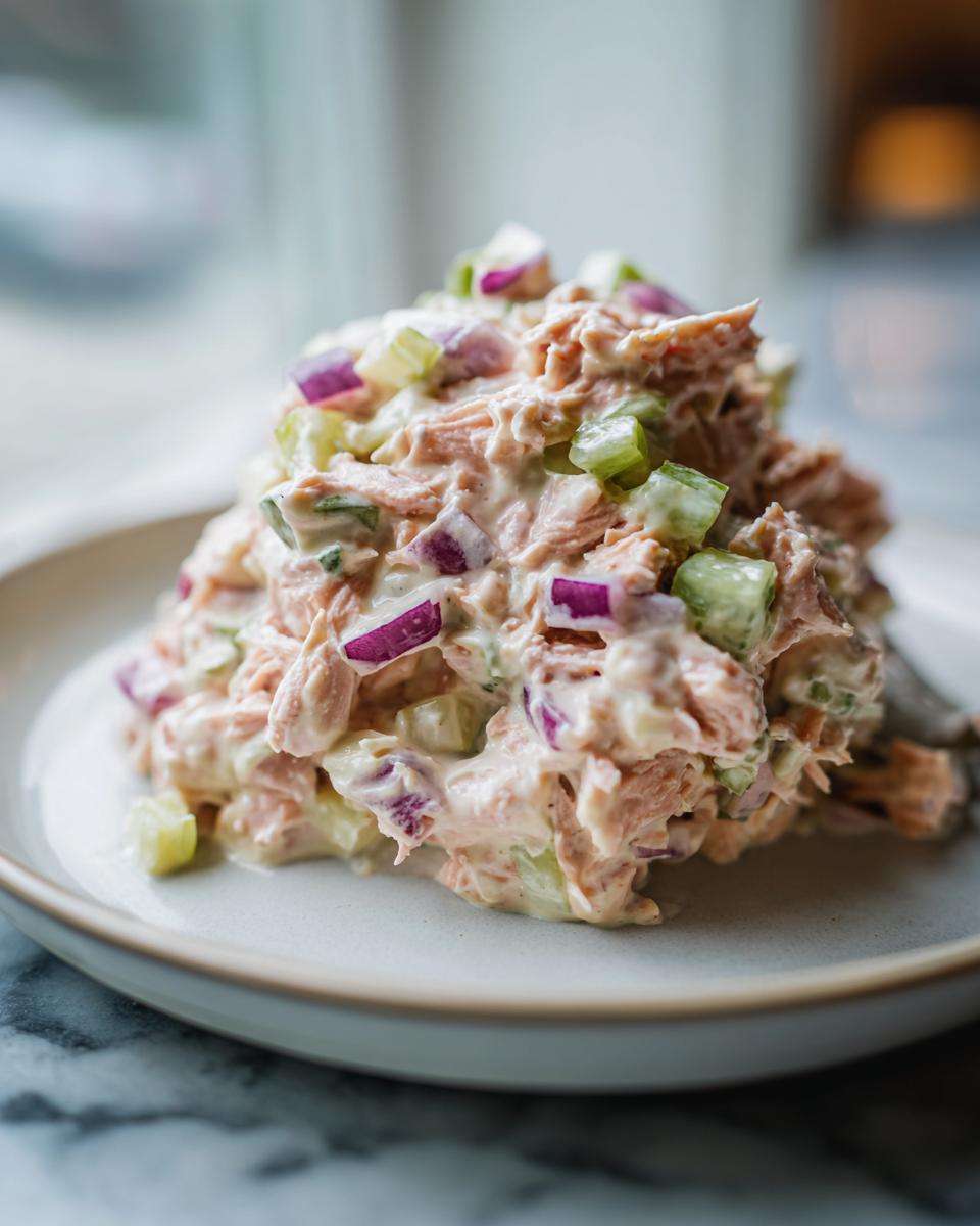 A scoop of creamy salmon salad mixed with diced red onion and celery served on a light gray plate.