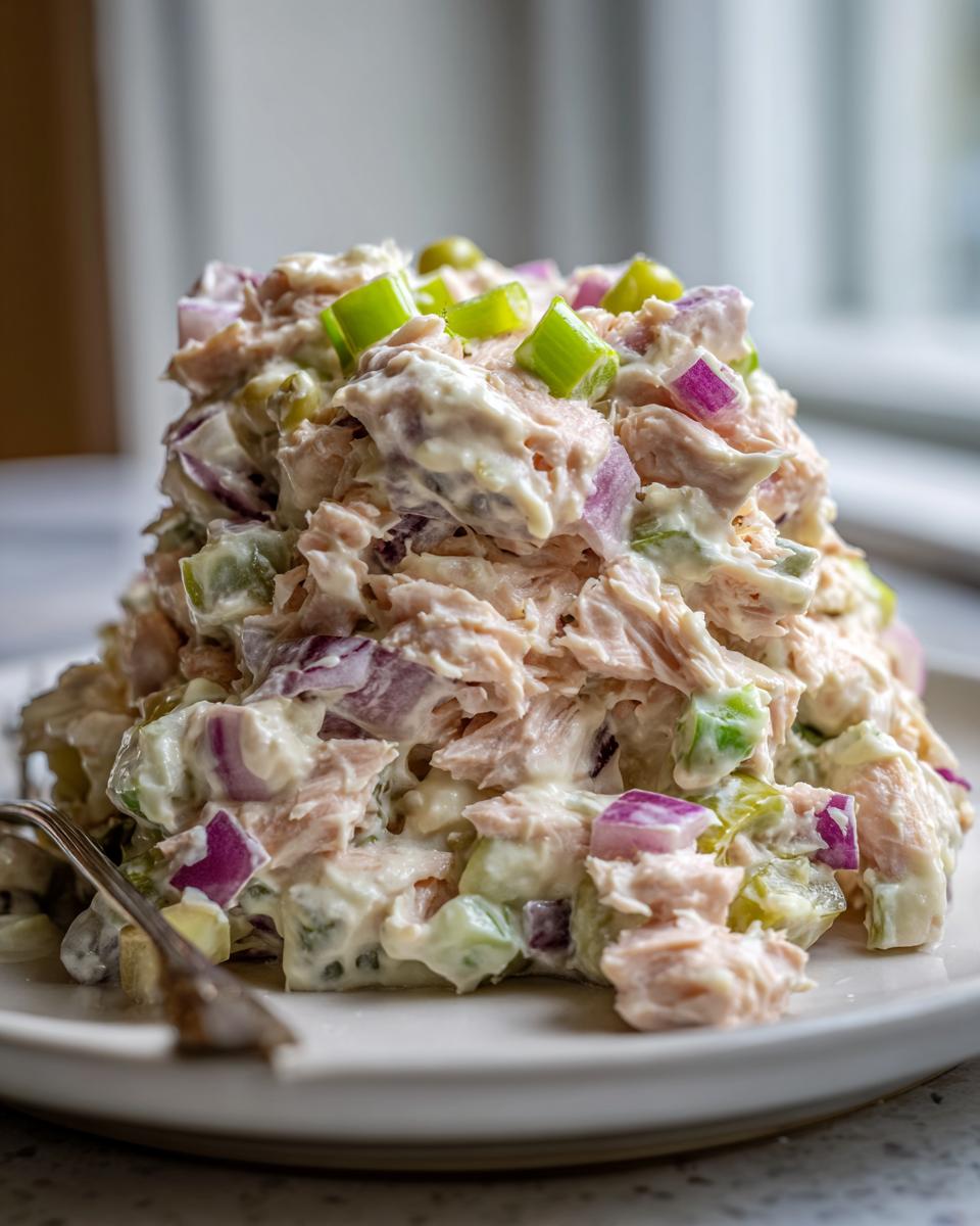 A mound of creamy salmon salad mixed with diced red onion and celery, topped with green onion slices.