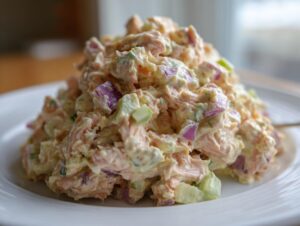 Close-up of a mound of creamy salmon salad mixed with visible chunks of red onion and celery on a white plate.