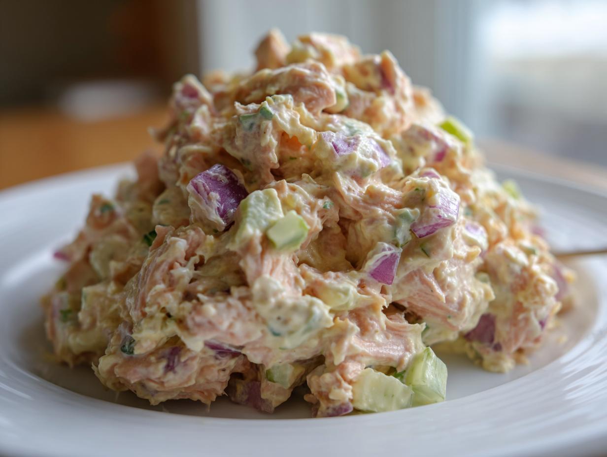 Close-up of a mound of creamy salmon salad mixed with visible chunks of red onion and celery on a white plate.
