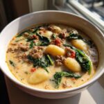 A close-up of a hearty bowl of creamy sausage gnocchi soup with wilted spinach and visible spices.