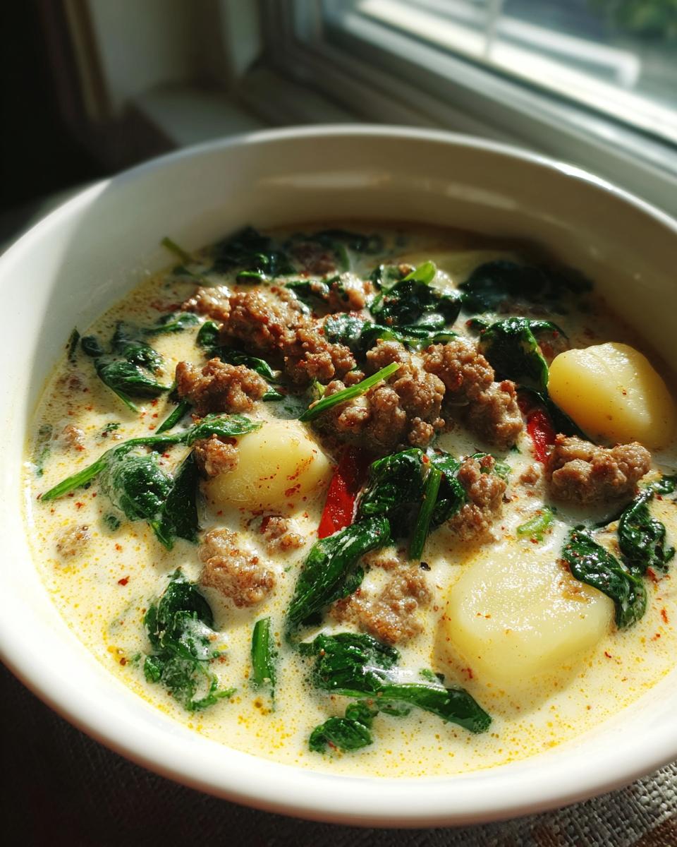 Close-up of a bowl of creamy sausage gnocchi soup with wilted spinach and visible gnocchi pieces.
