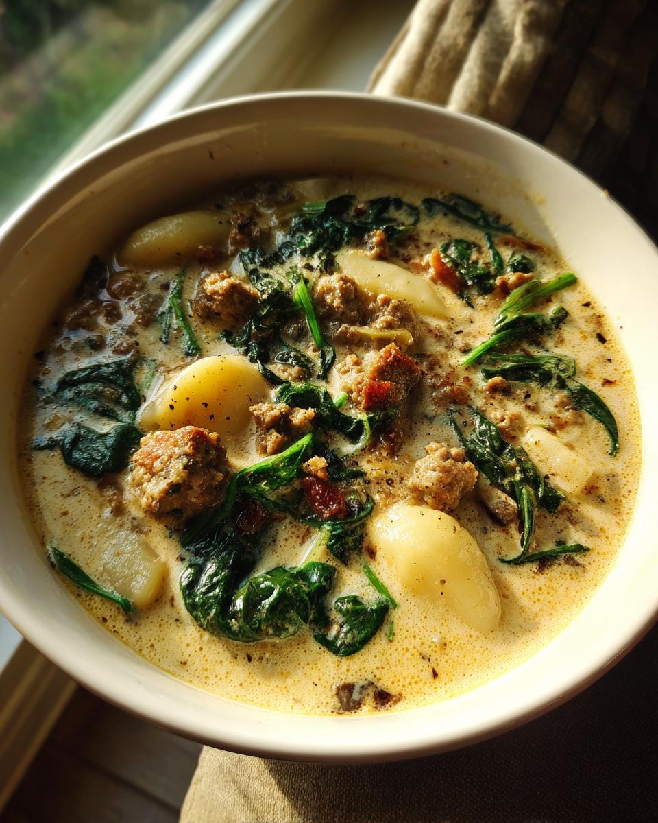 A close-up overhead view of a creamy sausage gnocchi soup with wilted spinach in a white bowl.