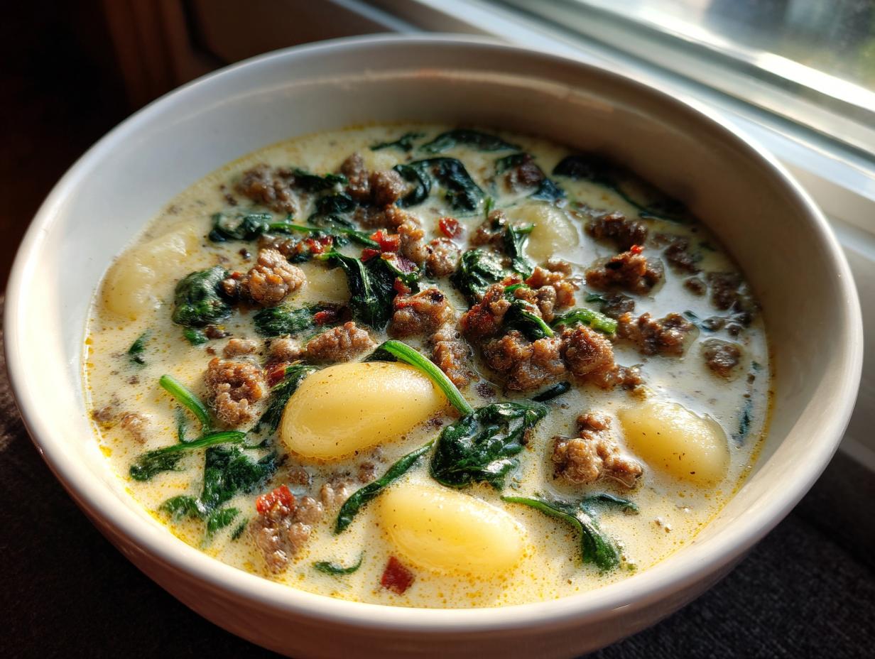 Close-up of a bowl of creamy sausage gnocchi soup with wilted spinach, highlighted by sunlight.