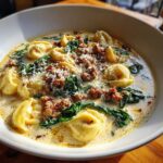 A close-up view of a hearty bowl of creamy sausage tortellini soup, topped with ground sausage, spinach, and grated Parmesan cheese.