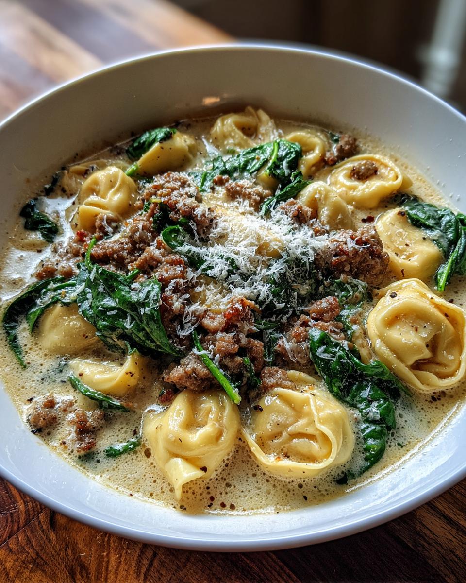 A close-up view of a bowl filled with creamy sausage tortellini soup, topped with spinach and grated Parmesan cheese.
