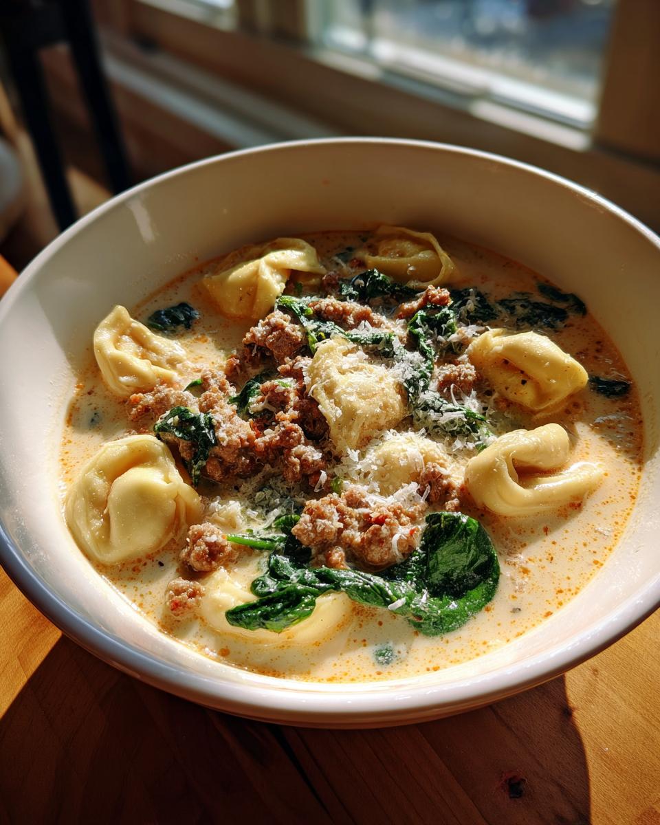 A close-up of creamy sausage tortellini soup topped with ground sausage, spinach, and grated Parmesan cheese.