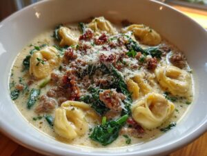 A close-up of a white bowl filled with creamy sausage tortellini soup, topped with spinach, crumbled sausage, and grated Parmesan cheese.