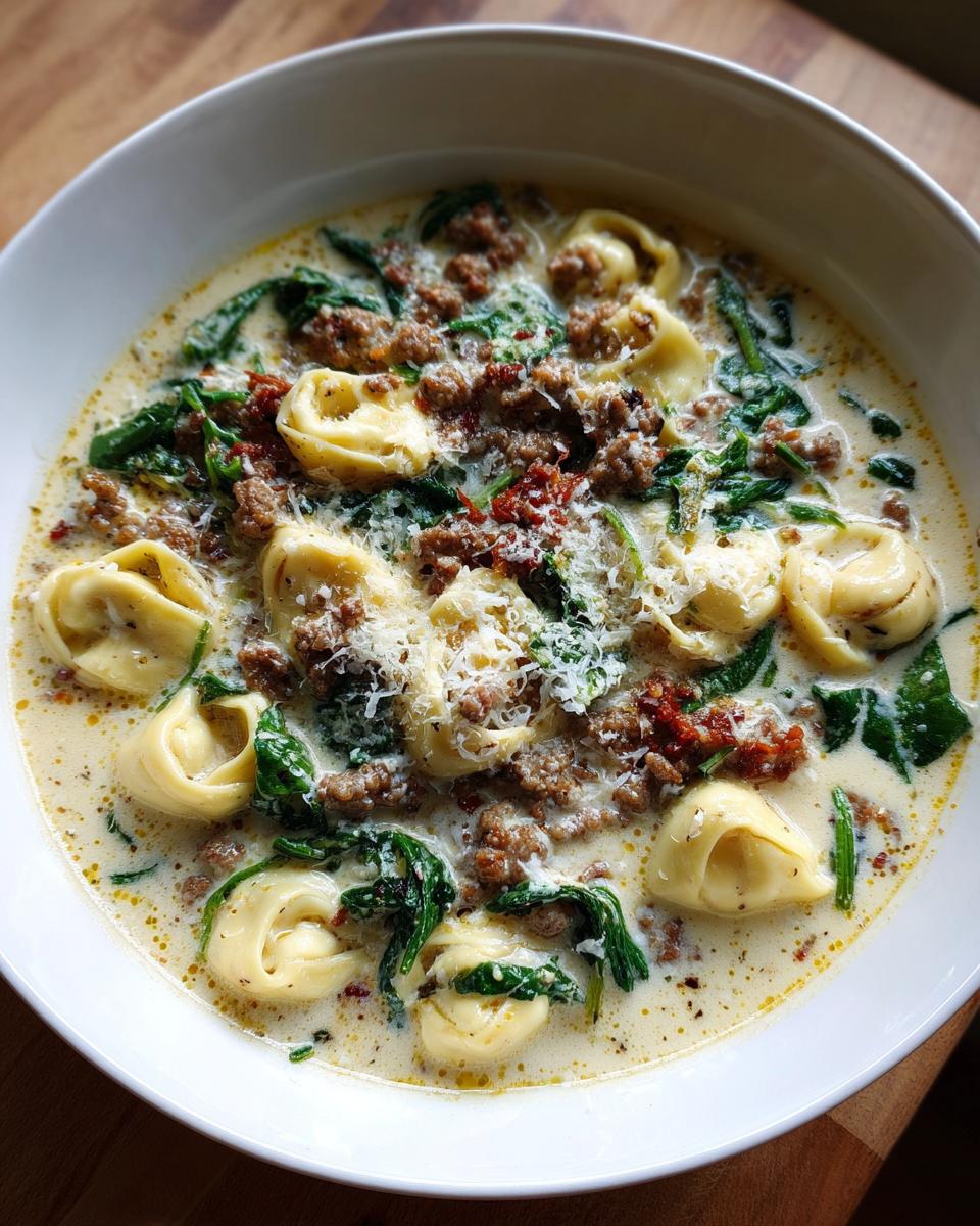 Close-up of a white bowl filled with creamy sausage tortellini soup, featuring tortellini, ground sausage, spinach, and grated cheese.