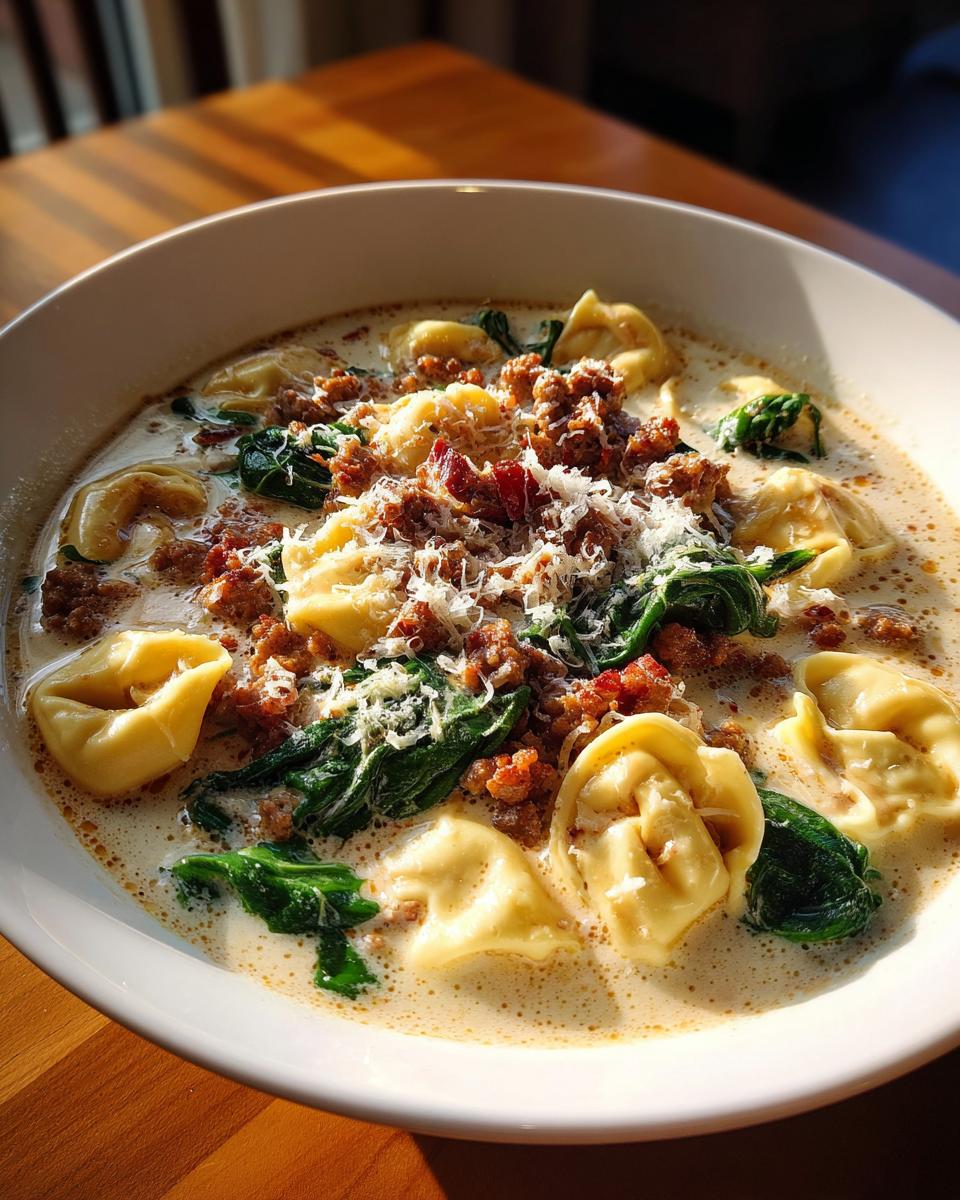 A close-up of a white bowl filled with creamy sausage tortellini soup, featuring tortellini, crumbled sausage, spinach, and grated Parmesan cheese.