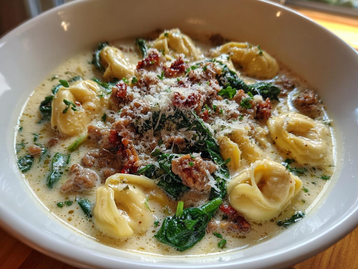 A close-up of a white bowl filled with creamy sausage tortellini soup, topped with spinach, crumbled sausage, and grated Parmesan cheese.