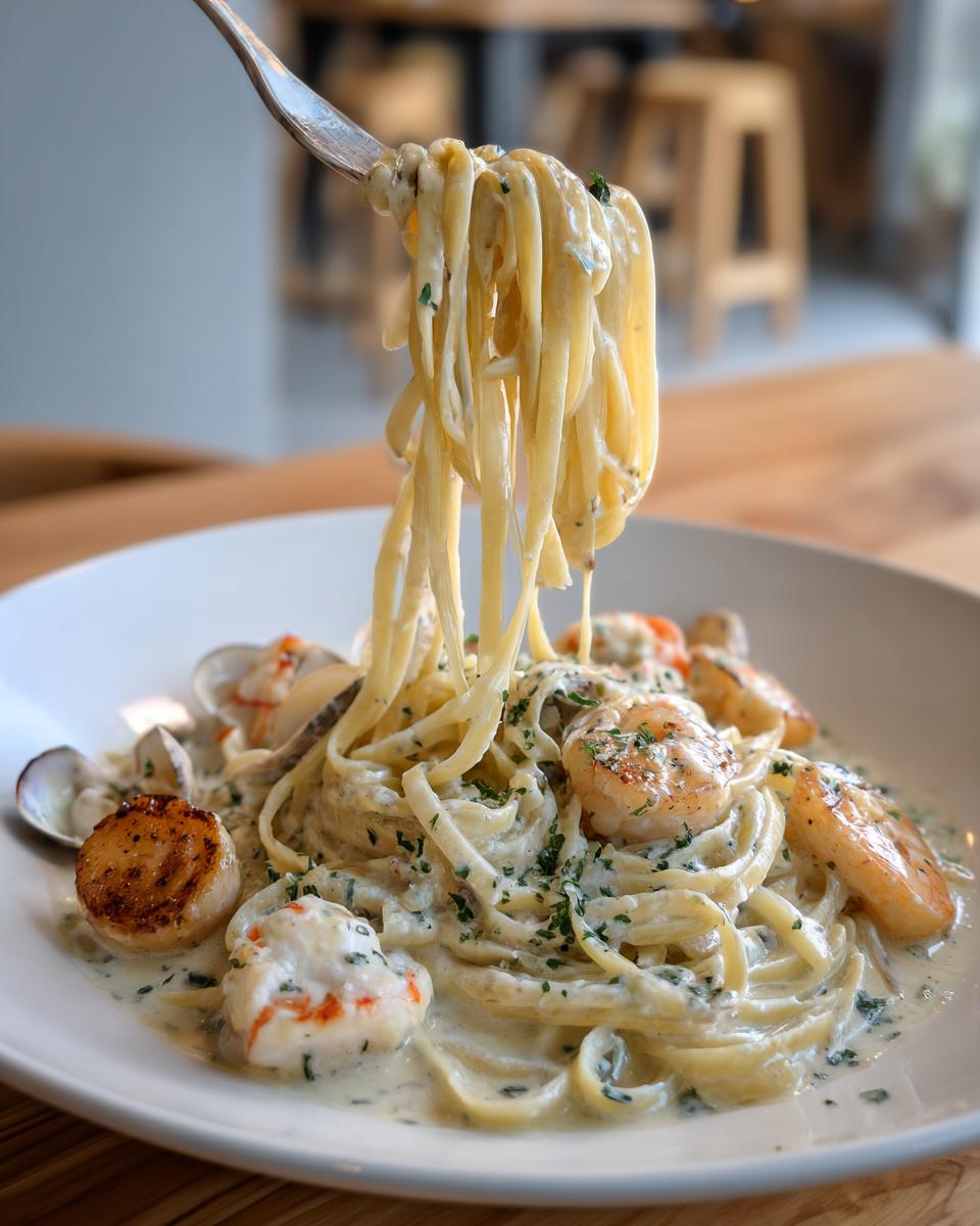 A fork lifts creamy linguine noodles from a bowl of rich seafood pasta featuring shrimp, scallops, and clams.