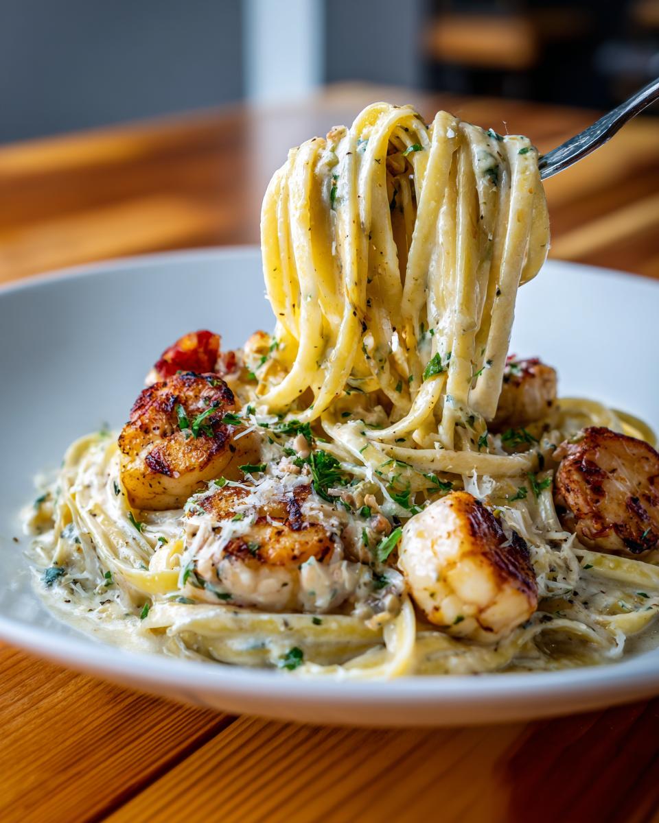 A fork lifts creamy linguine from a white bowl of seafood pasta topped with seared scallops and parsley.
