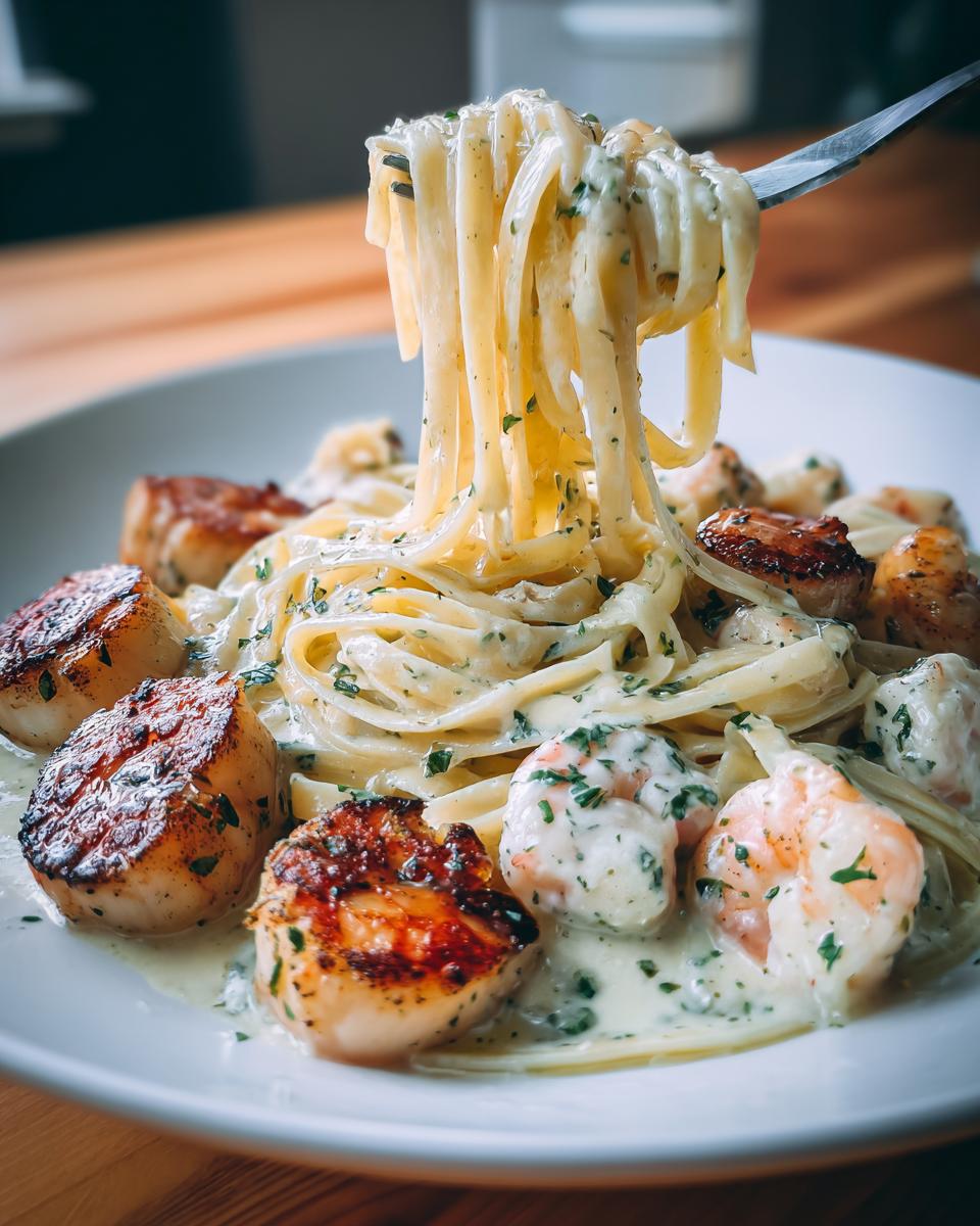 A fork lifts fettuccine noodles coated in creamy sauce from a plate of seafood pasta featuring seared scallops and shrimp.
