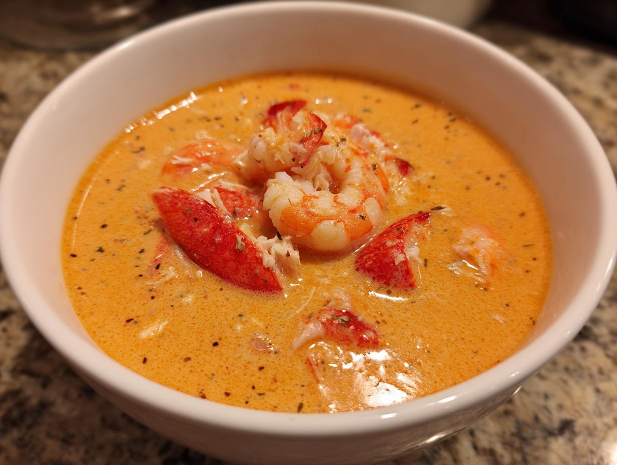 Close-up of a creamy, orange-hued seafood soup topped with bright red lobster pieces and plump shrimp.
