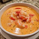 Close-up of a creamy, orange-hued seafood soup topped with large cooked shrimp and crab pieces.