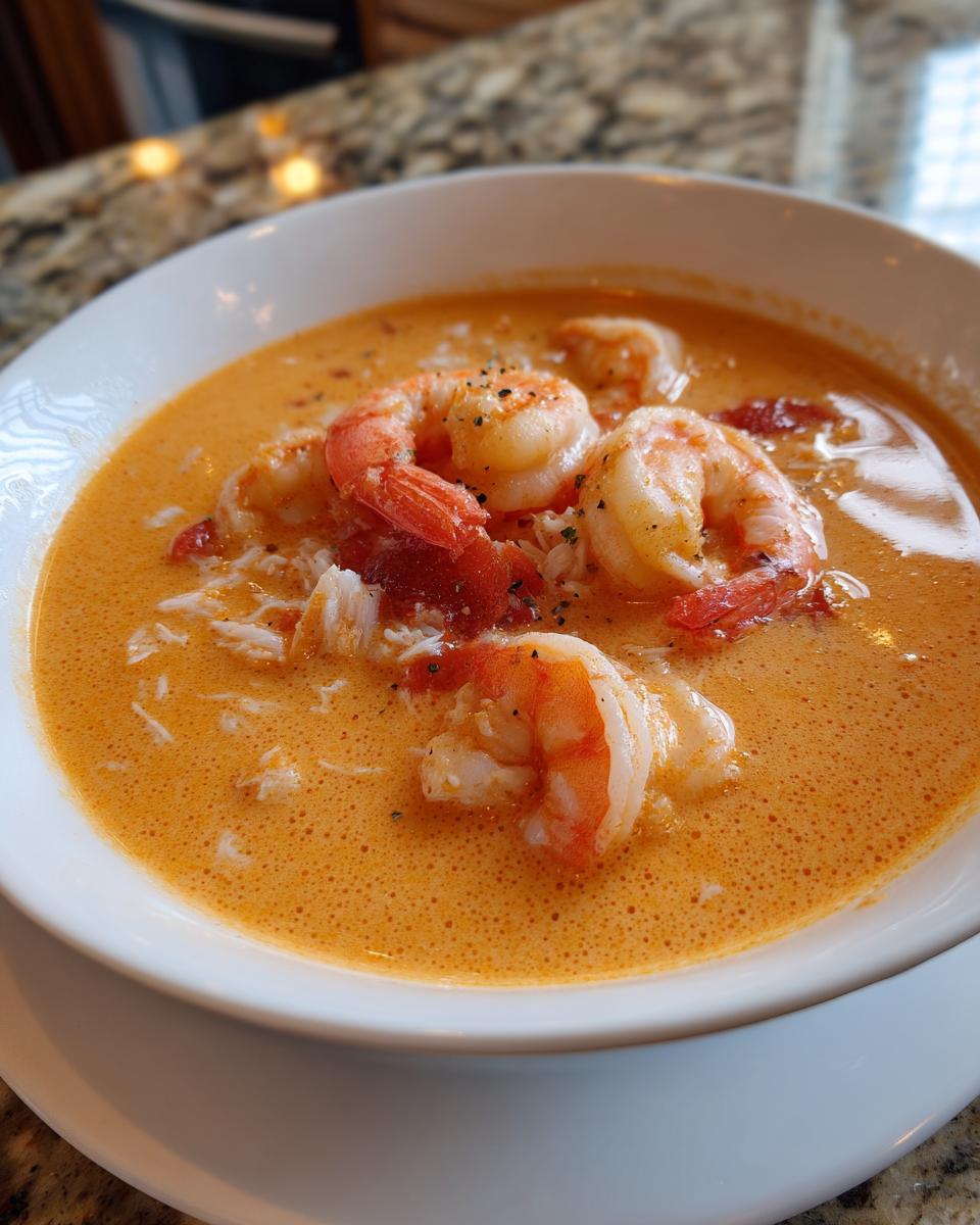Close-up of a bowl of creamy, orange-hued seafood soup topped with large seasoned shrimp and shredded crab meat.