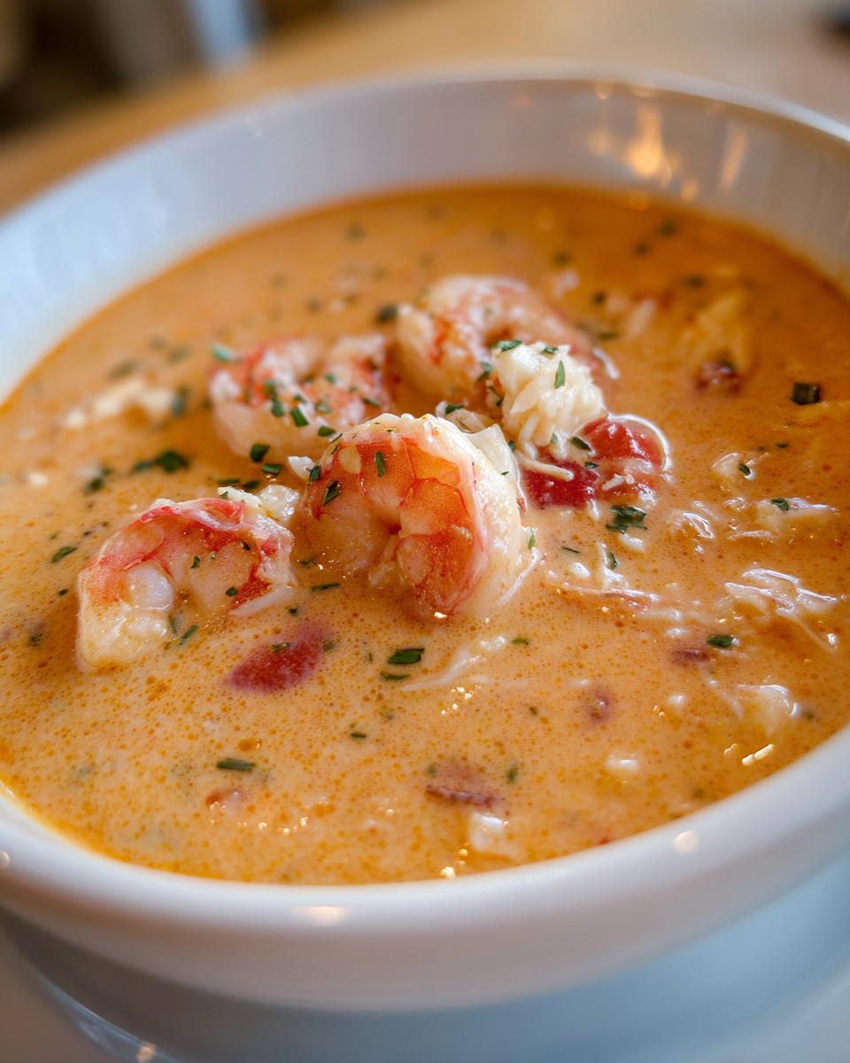 Close-up of a creamy, orange-hued seafood soup topped with large pink shrimp and fresh parsley.