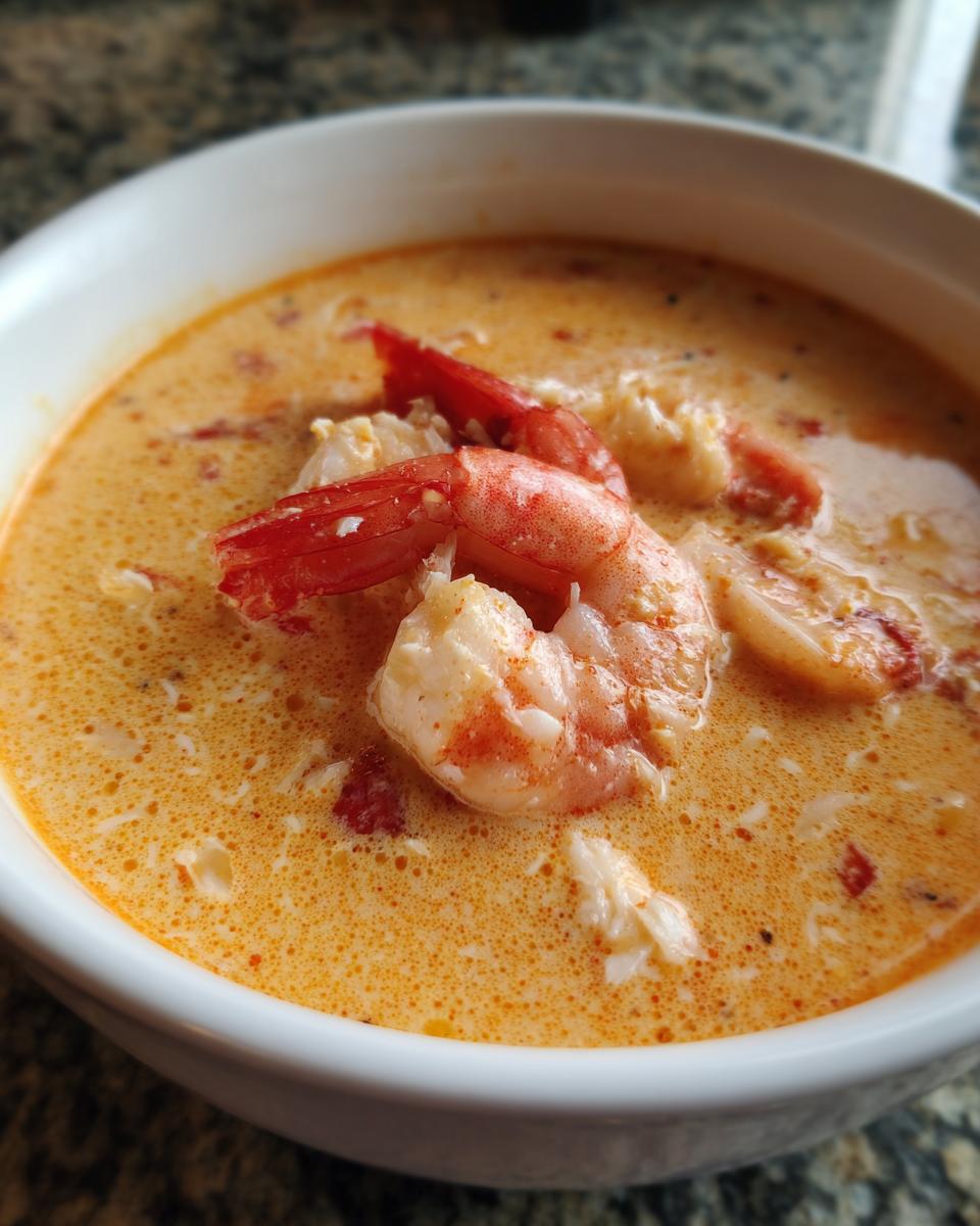 Close-up of a creamy, orange-hued seafood soup topped with bright pink cooked shrimp.