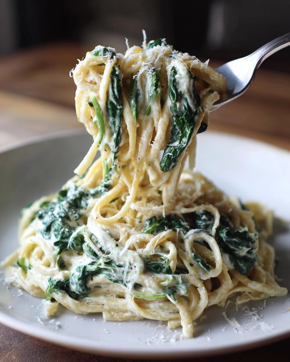 A fork lifts a twirl of creamy spinach pasta coated in sauce and topped with grated Parmesan cheese.