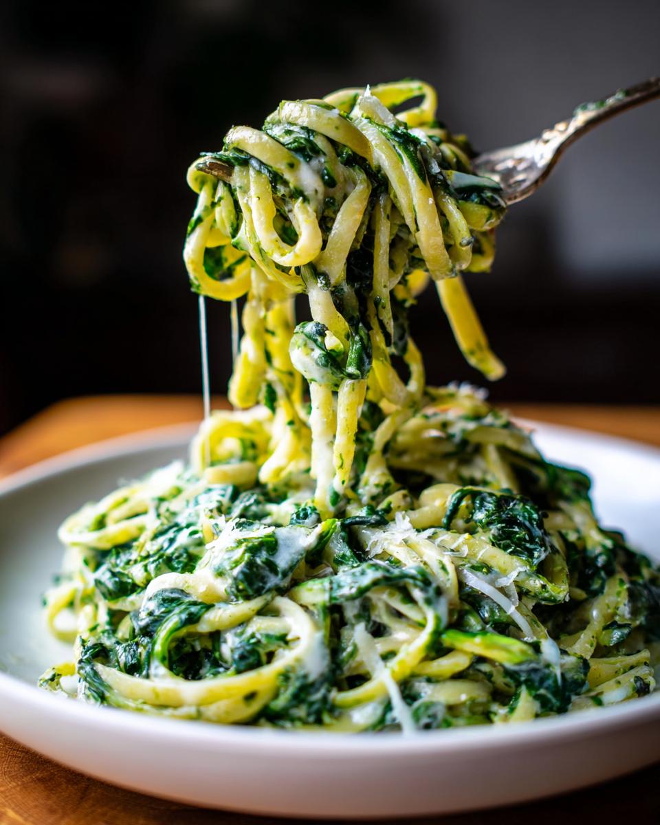 A fork lifts a tangle of creamy spinach pasta coated in a white sauce, showing cheese strings.