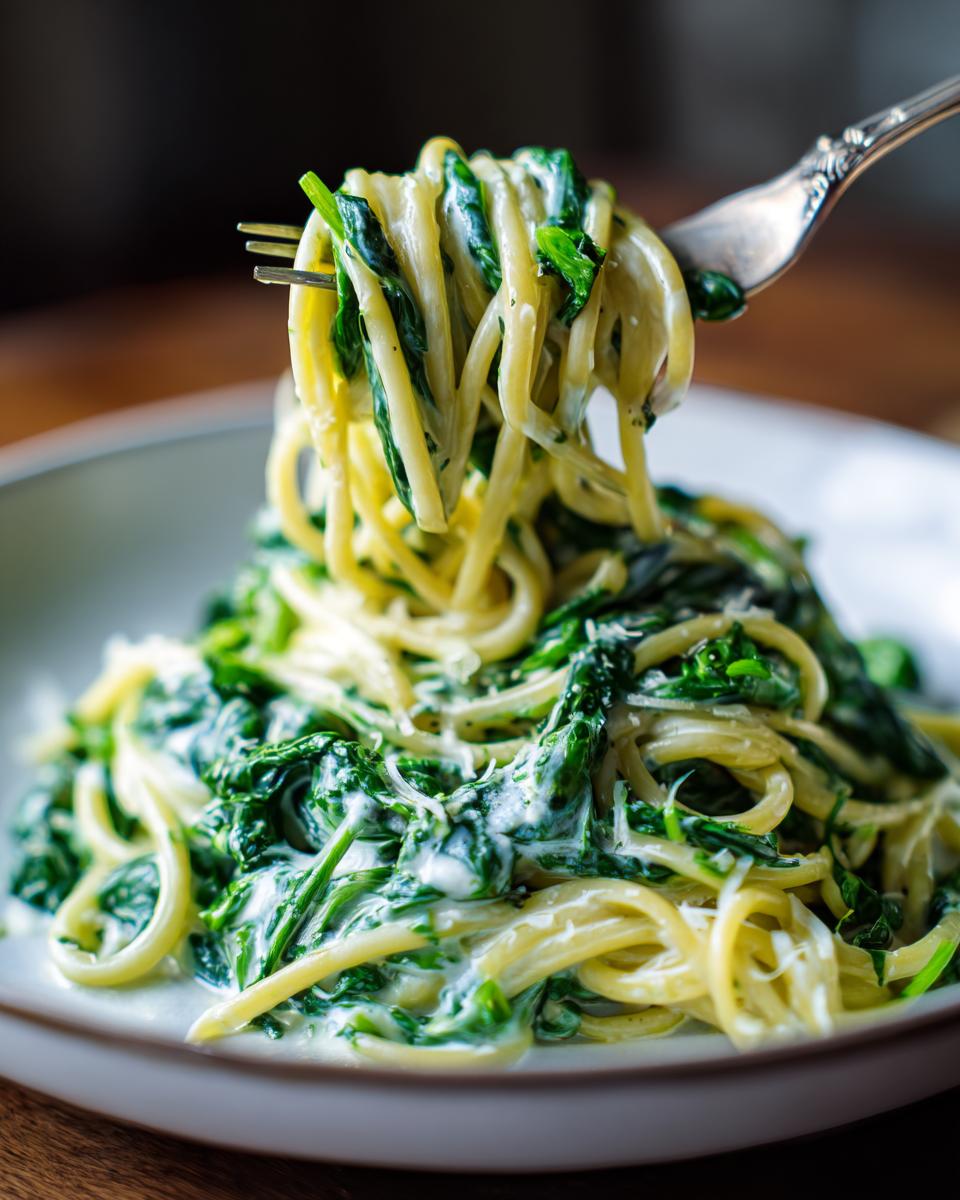 Close-up of a fork lifting creamy spinach pasta noodles coated in a white sauce from a bowl.