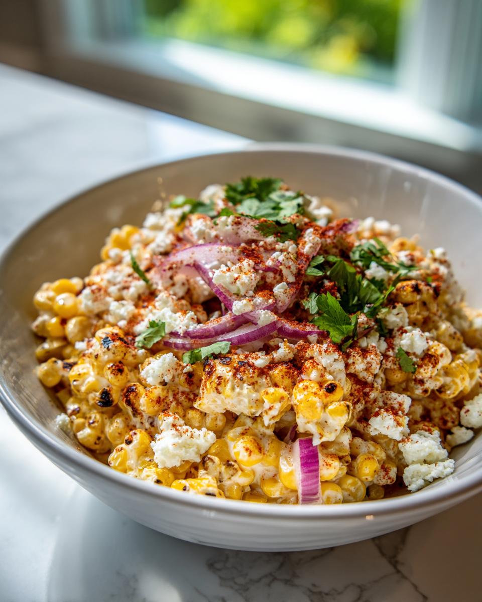 Close-up of a bowl filled with creamy street corn salad, topped with crumbled white cheese, red onion, and chili powder.