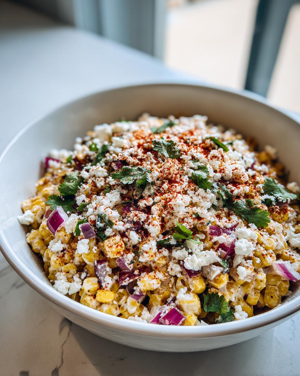 A close-up of a bowl filled with creamy street corn salad, topped generously with crumbled white cheese, red onion, and cilantro.