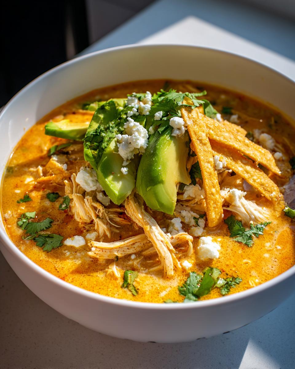 Close-up of a bowl of creamy tortilla soup loaded with shredded chicken, avocado slices, cotija cheese, and tortilla strips.