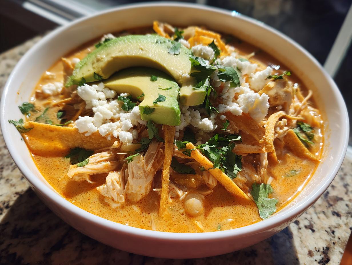 A close-up of a bowl of creamy tortilla soup, loaded with shredded chicken, avocado slices, crumbled cheese, and cilantro.