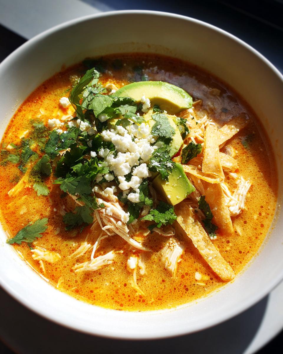A close-up of creamy tortilla soup topped with shredded chicken, avocado, cotija cheese, and cilantro.