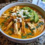 Close-up of a bowl of creamy tortilla soup loaded with shredded chicken, crispy tortilla strips, avocado slices, and cotija cheese.