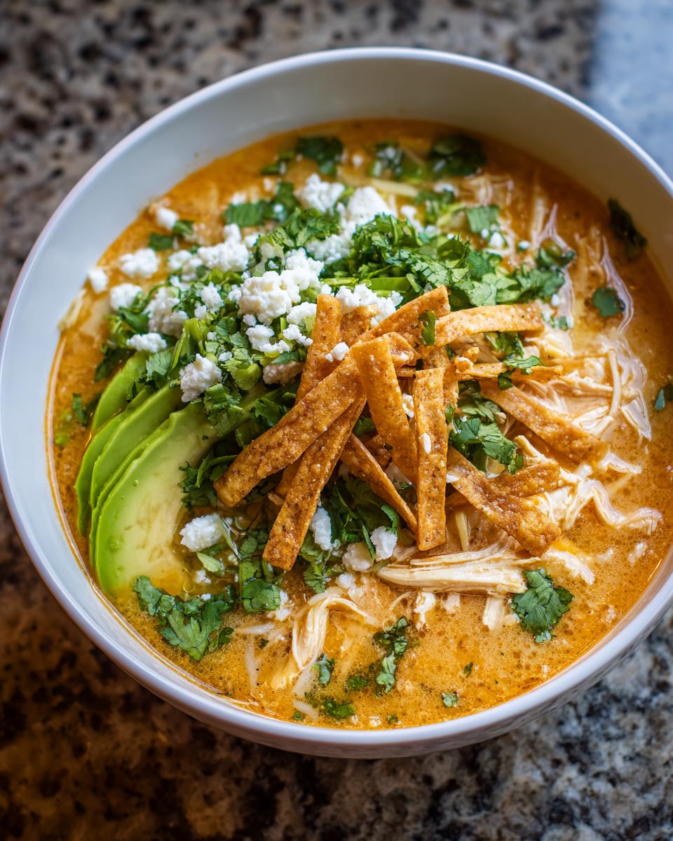 A close-up of a bowl of creamy tortilla soup topped with shredded chicken, avocado slices, cotija cheese, and crispy tortilla strips.
