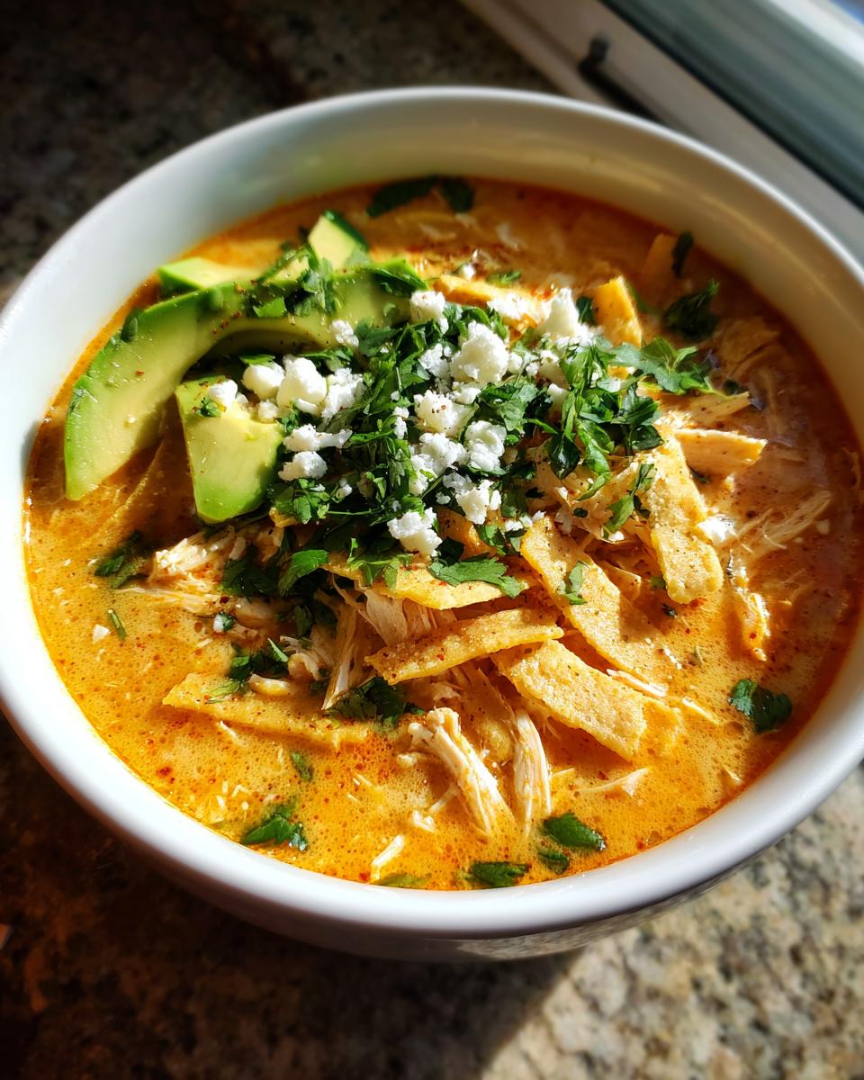 Close-up of a bowl of creamy, orange-hued tortilla soup topped with shredded chicken, tortilla strips, avocado, and cotija cheese.