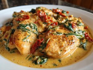 Close-up of seared chicken breasts smothered in a rich, creamy Tuscan sauce with spinach and sun-dried tomatoes.