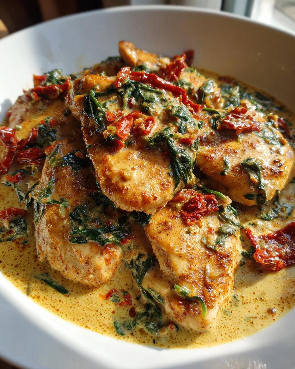 Four pieces of seared chicken breast smothered in a rich, creamy Tuscan sauce with spinach and sun-dried tomatoes, featuring creamy tuscan chicken.