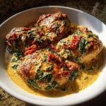 Four pieces of seared chicken breasts smothered in a rich, creamy Tuscan sauce with spinach and sun-dried tomatoes, featuring creamy tuscan chicken.