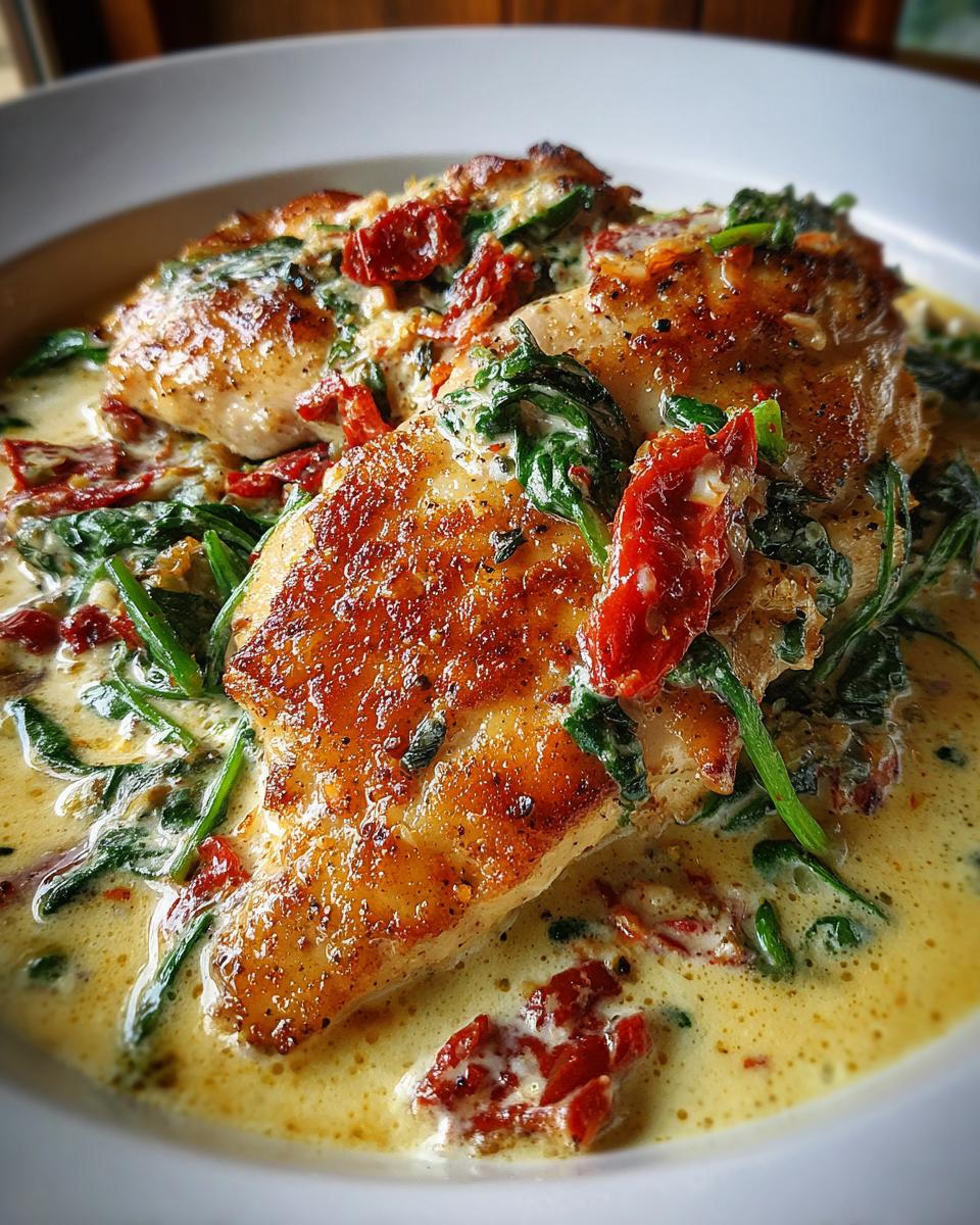 Close-up of seared chicken breasts smothered in creamy Tuscan sauce with spinach and sun-dried tomatoes, showcasing the creamy tuscan chicken.