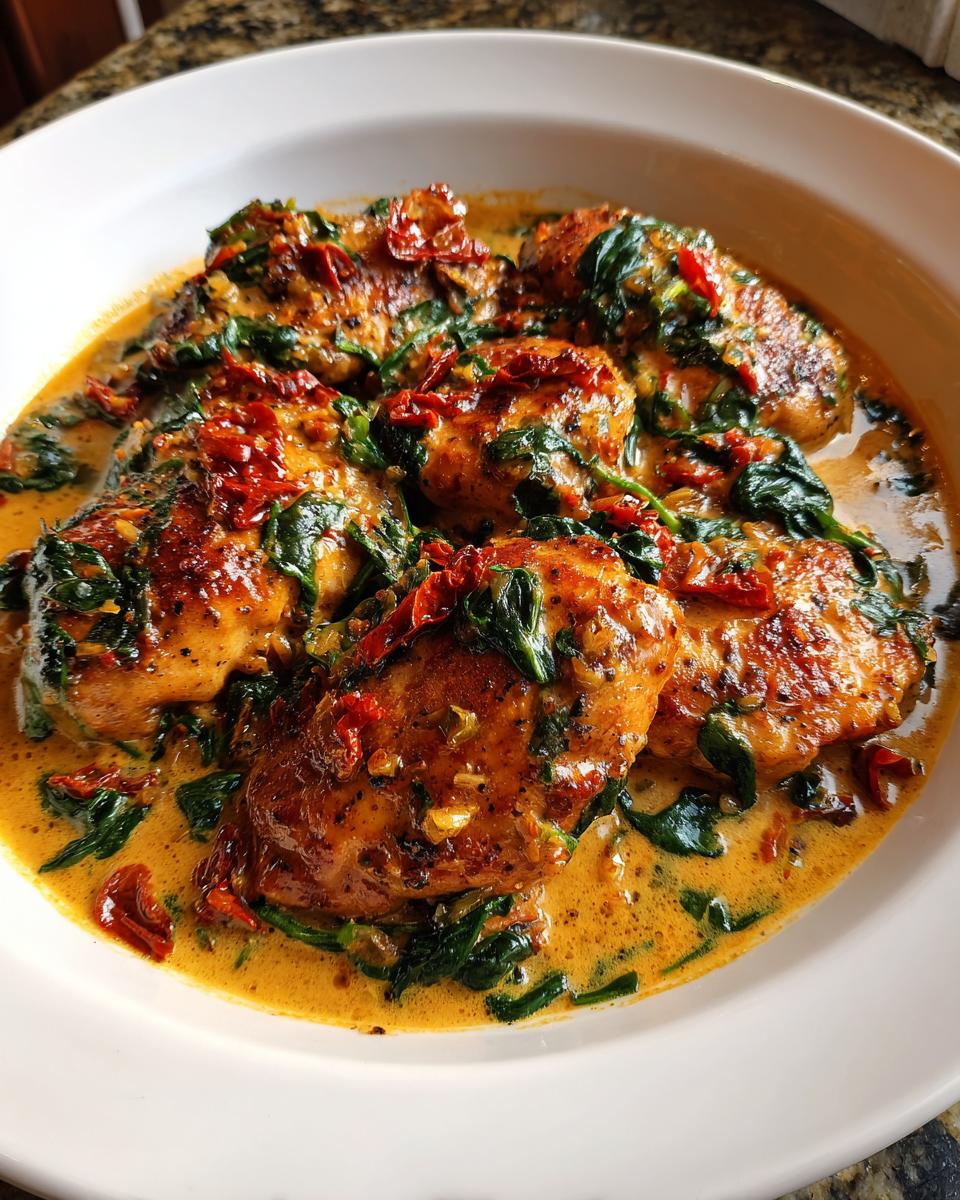 Close-up of seared chicken breasts smothered in a rich, creamy Tuscan sauce with spinach and sun-dried tomatoes, featuring creamy tuscan chicken.